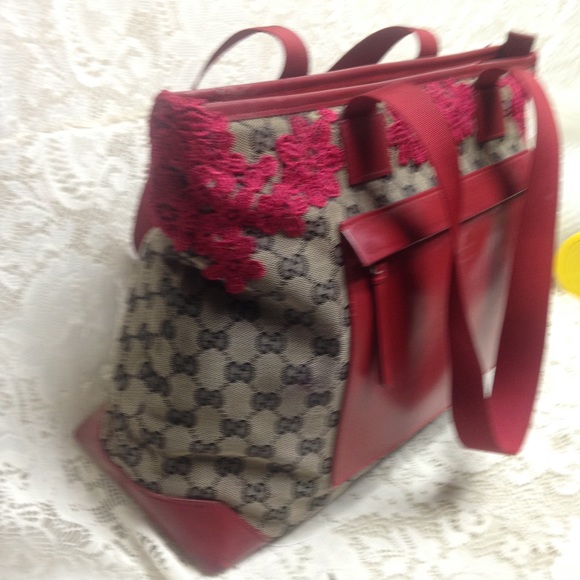 Vintage Gucci Black Mono Red Floral Tote Handbag - Picture 3 of 15